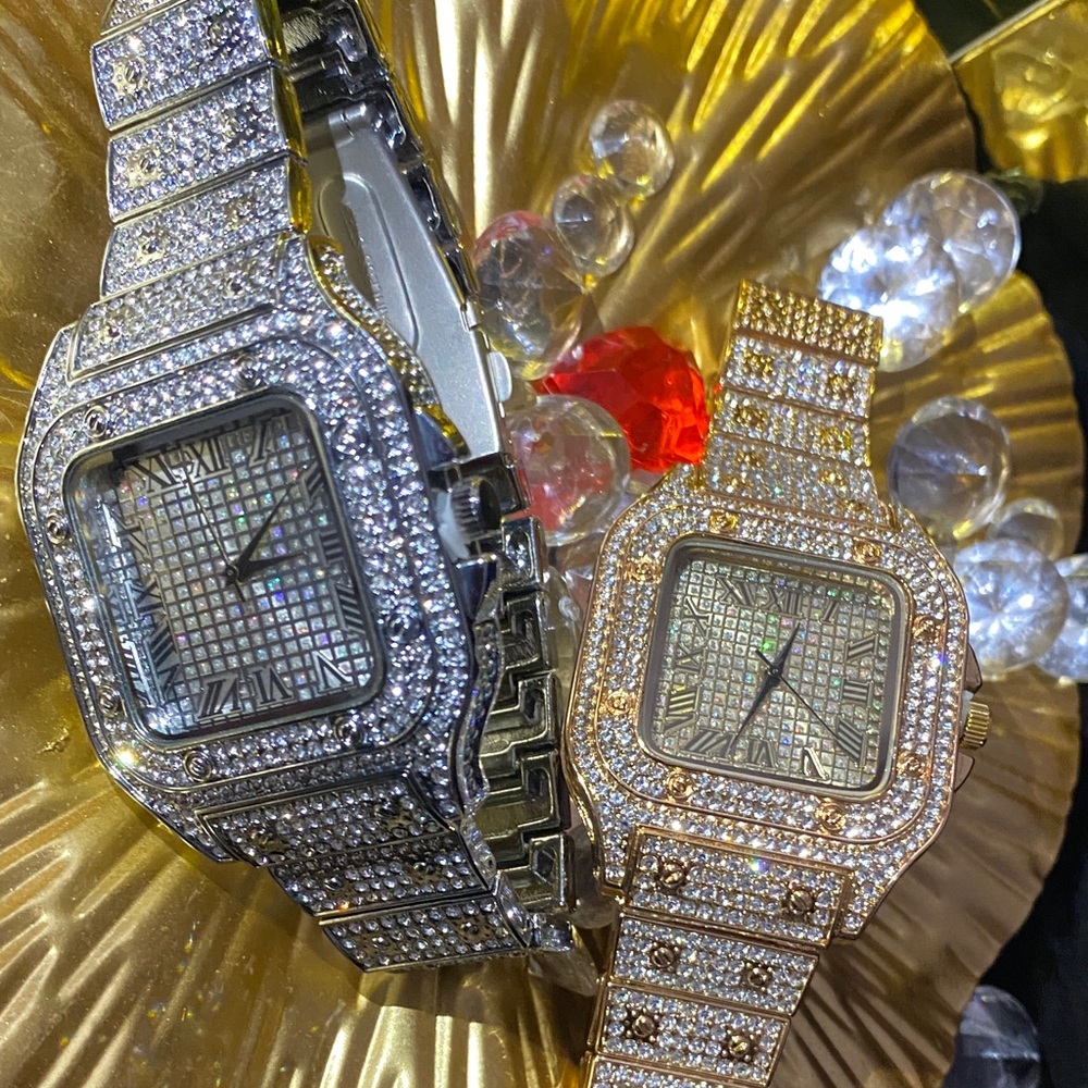 Elegant Gold Silver Tone Watches with Lab ice unisex resizable
